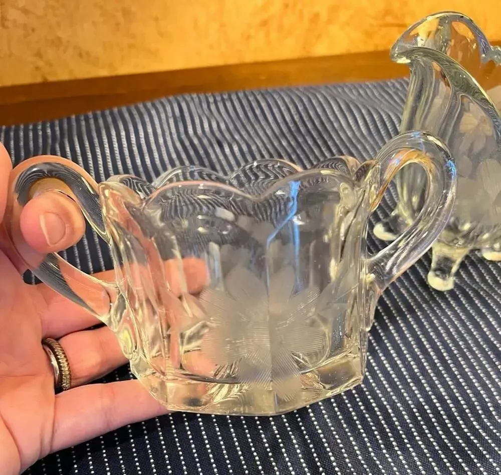 Vintage Etched Floral Indiana Glass Footed Sugar and Creamer Set